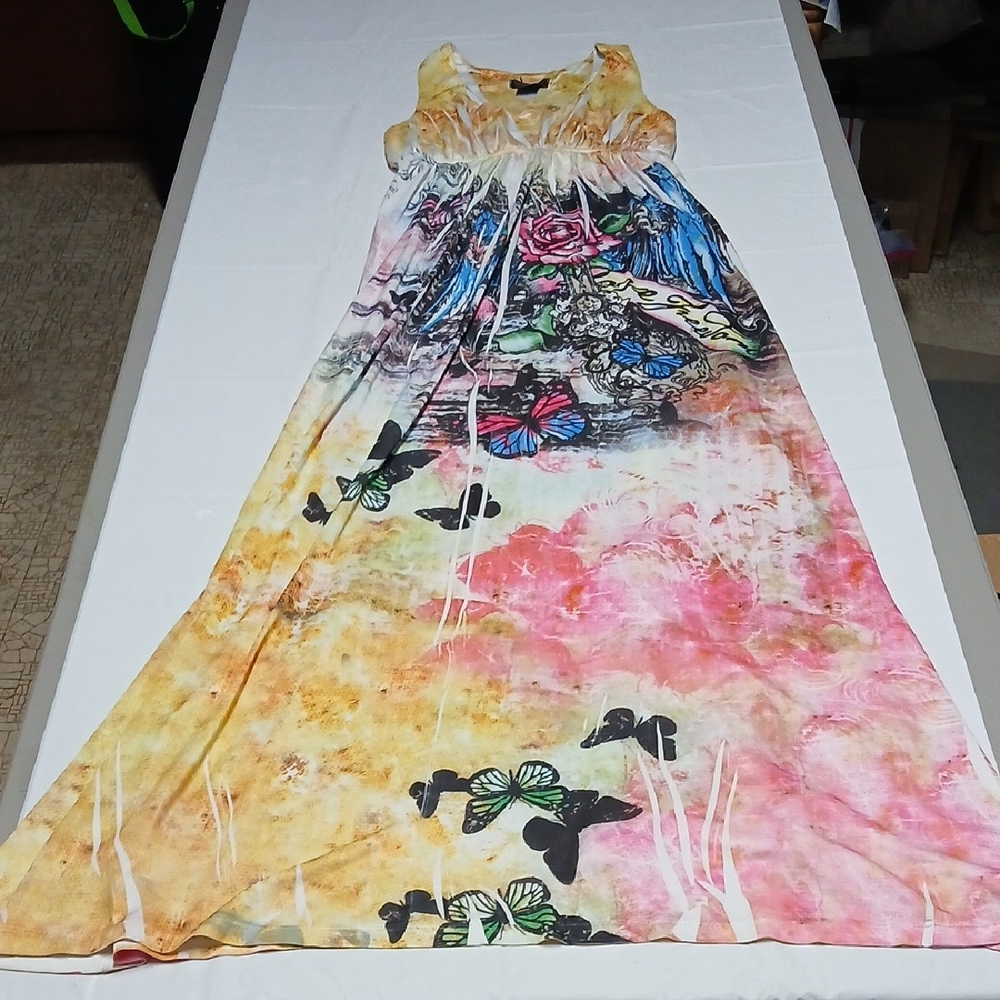 Sam & Max Tie-Dye Racerback Sleeveless Maxi Dress Ed Hardy Style Tattoo Print M